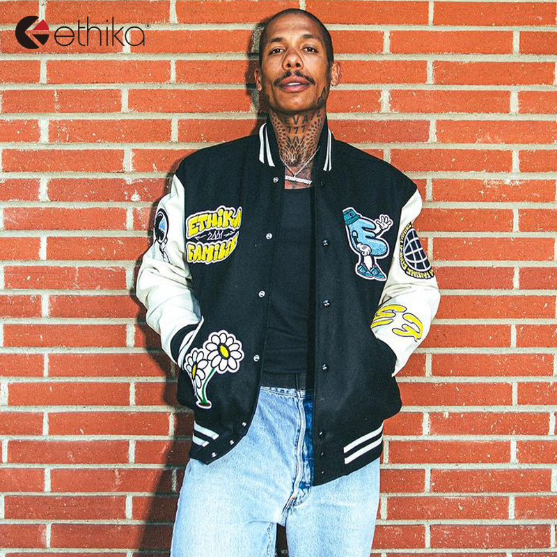 Ethika Baseball Jacket Celebrity Style American Trendy Casual Fashion Wool Men's Genuine Leather Jacket
