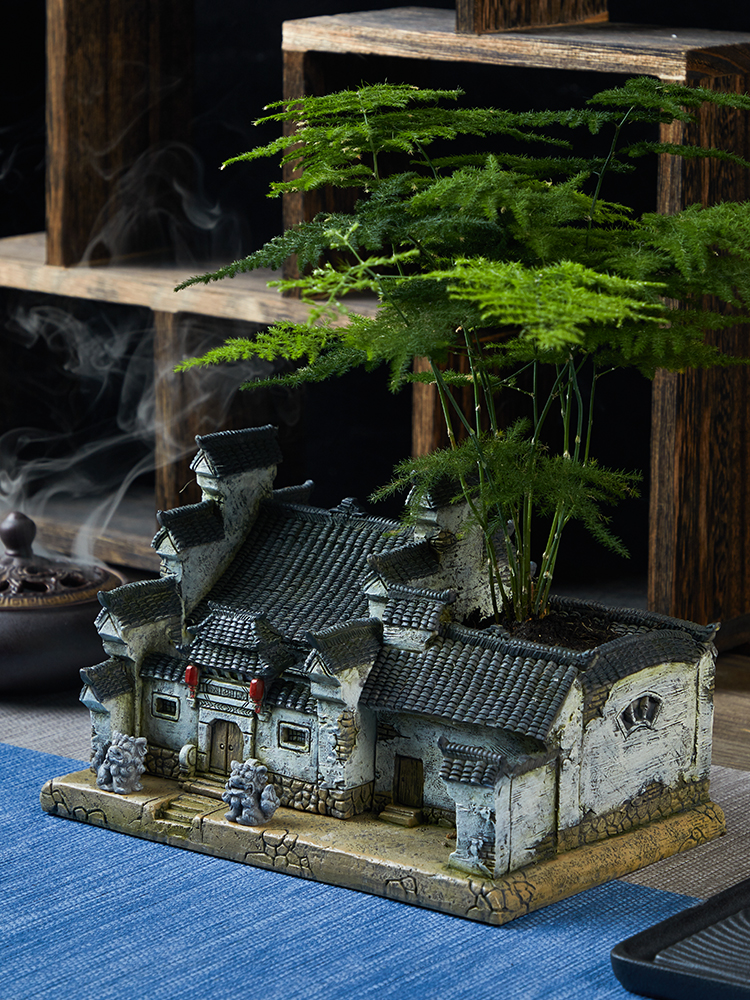 Creative new Chinese style retro flower pot Zen decoration Living room entrance flower arrangement Ancient style home decoration Tea table flower vase