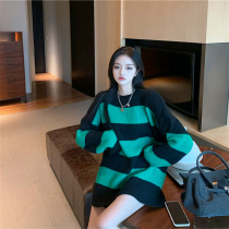 MENTMAR2021 winter new vintage streaks Lazy Mid length Loose Big Code Sweater Womens Round Lead Knit Cardiovert