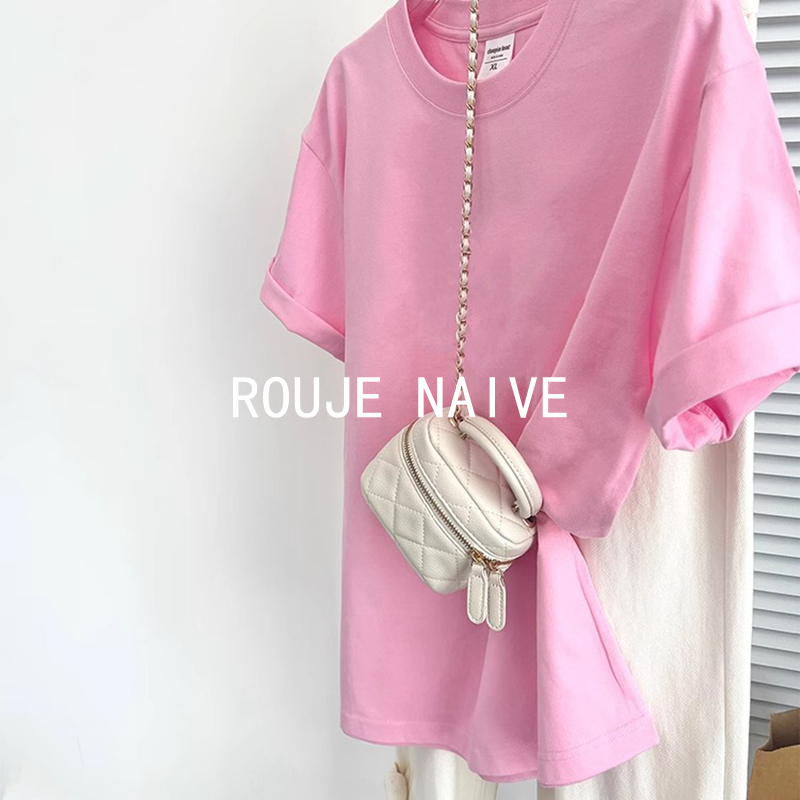 Rouje Naive European Style Cream Pink Short-Sleeved T-Shirt for Women 2026 Summer Loose Pure Cotton Casual Versatile