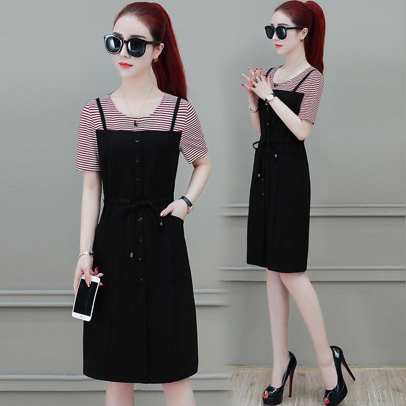 Đầm sọc giả hai mảnh của phụ nữ ăn mặc giản dị mùa hè ngắn tay dài mới một từ eo váy đã mỏng - A-Line Váy vay xoe