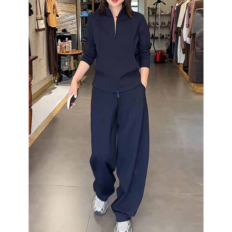 Trendy Brand Spring and Autumn Casual Sportswear Set for Women 2026 New High-End Zip-Up Sweatshirt and Wide-Leg Pants Two-Piece Set