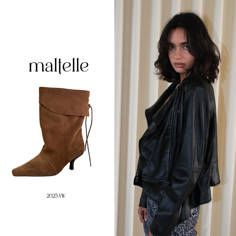 Maltelle Original Design Brown Pointed Toe Short Boots for Women Spring and Summer New Style Cowhide Pleated Stiletto Boots
