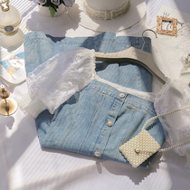 Coffee break dress French fried street dress Western style 2021 new bubble sleeve stitching denim skirt gentle tie