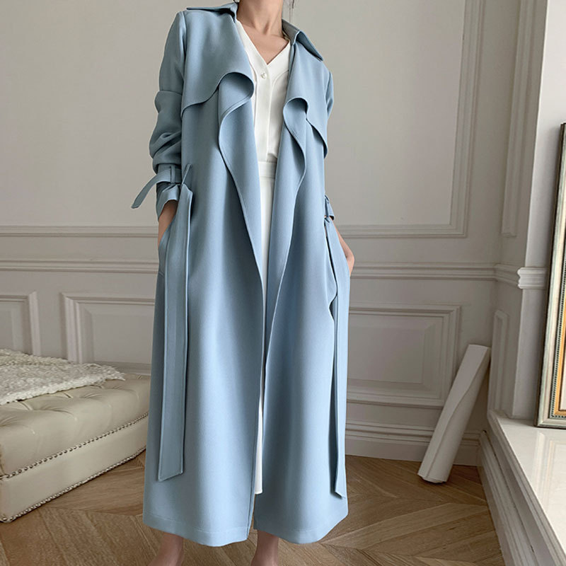 Autumn New Women's Plus-Size Trench Coat, Mid-Length, Blue, Chic, Over-The-Knee, ins New Style, Fashionable Jacket