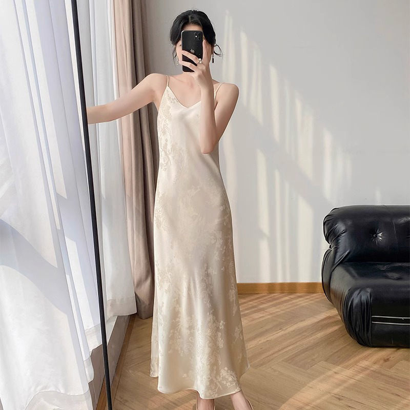 Plus Size Women's Clothing, New Chinese Style, Drapey Acetate Satin Jacquard Camisole Dress, Women's Summer New Long Dress