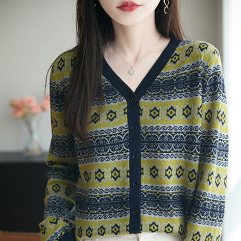 V-neck retro striped loose lazy style sweater