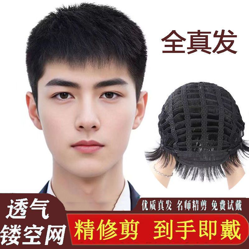 Full Head Wig for Men, Natural Short Straight Hair, Breathable Real Hair, Hollow Mesh