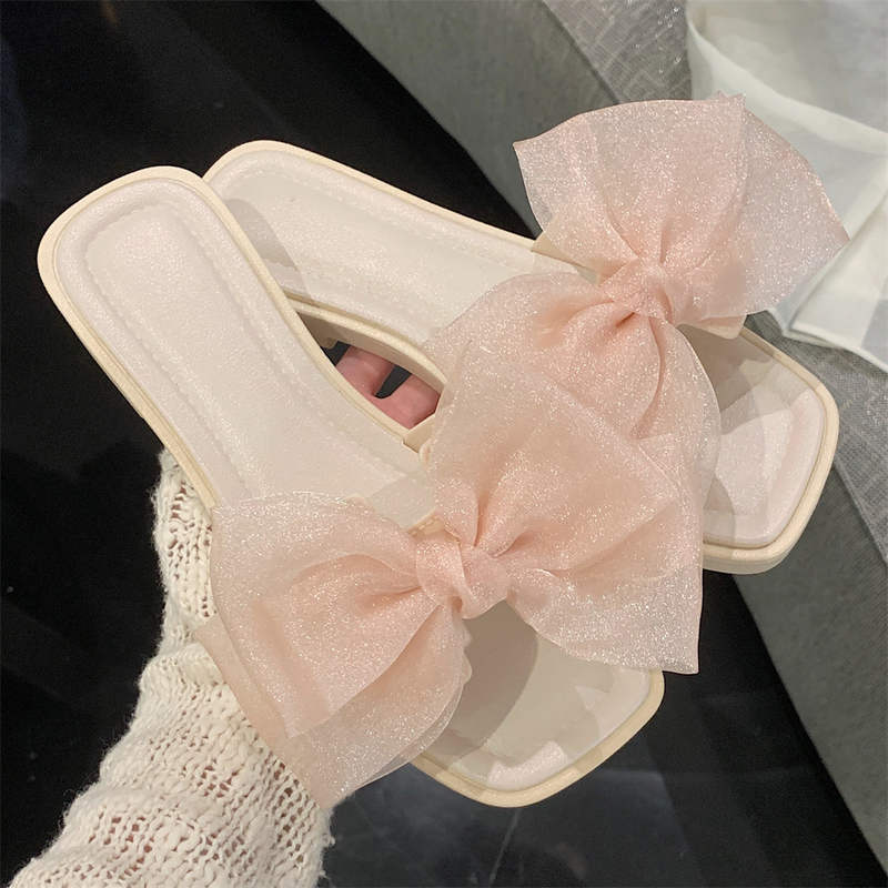 Fashionable Outdoor Casual Versatile Non-Slip Flat Beach Slippers for Women Summer Fairy Style Mesh Bow Sandals
