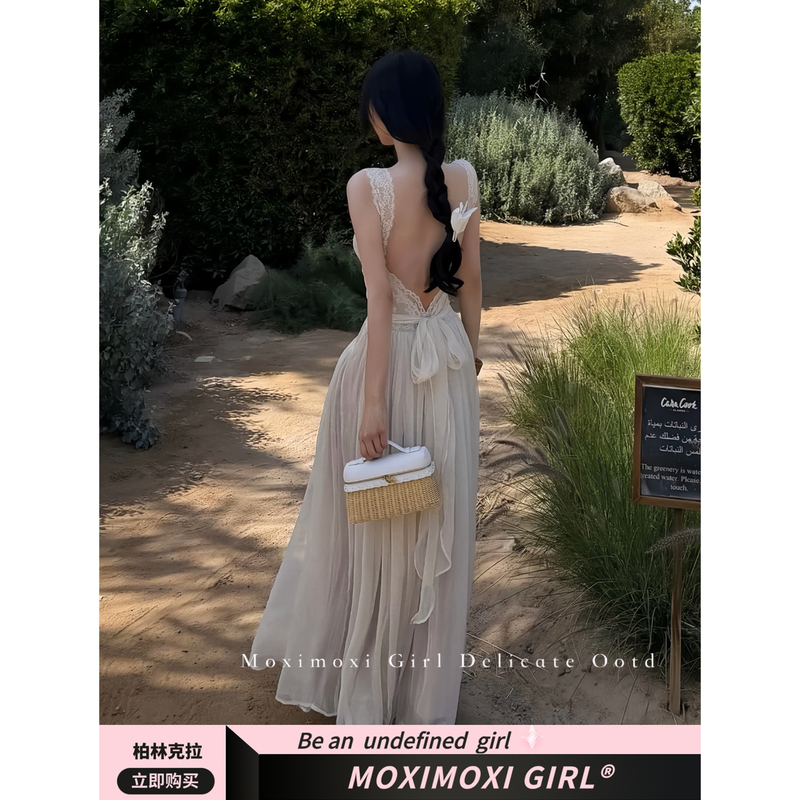 Moxi Butterfly Shadow Gauze Patchwork Backless Tie Vacation Pure Desire Vacation Elegant White Lace Strap Long Dress