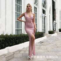 t womens Beaded slit backless slim fitting suspender dress