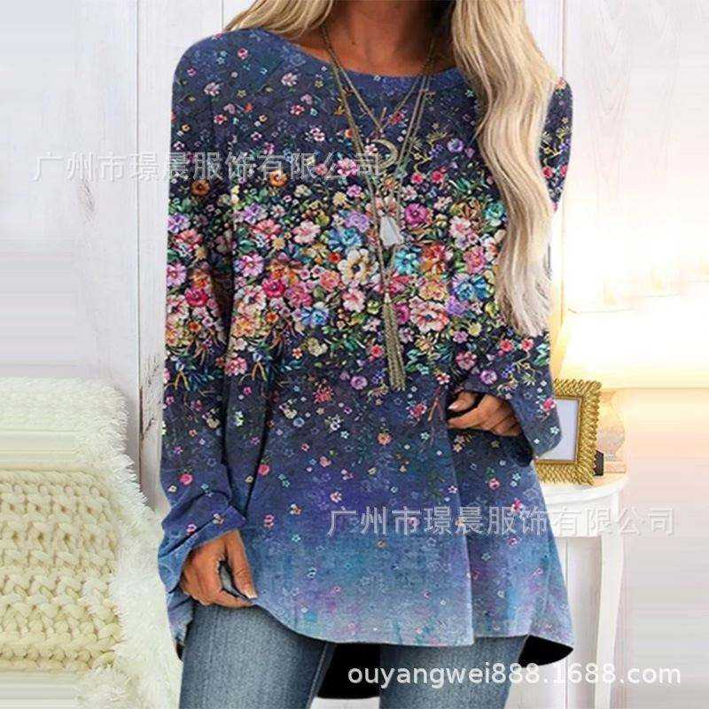 ose top casual printed long sleeve round neck printed shirt