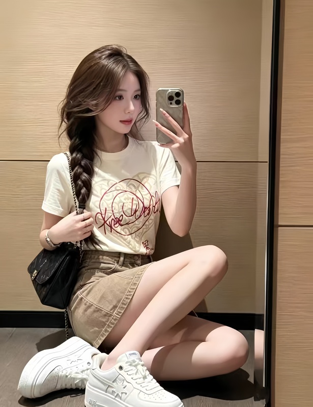 High-Quality~ Saturn Foam Heart Pattern Round Neck T-Shirt for Women, American Retro Style, Slim Fit, Versatile Short-Sleeve Top