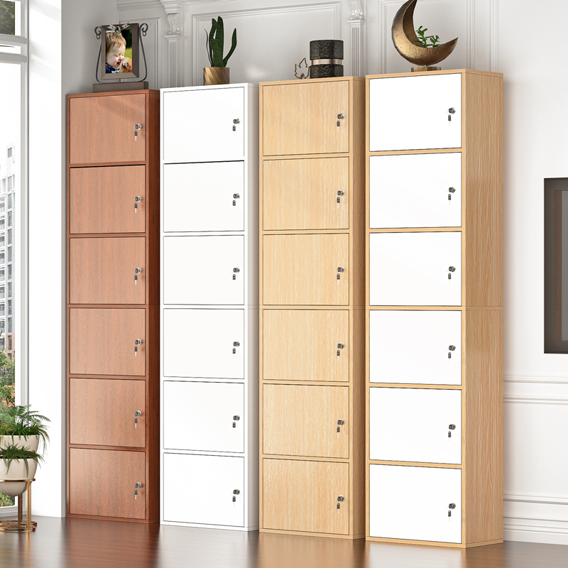 Simple Lockable Bookcase Bookshelf Floor-Standing Modern Minimalist Storage Cabinet Solid Wood Color with Door Combination Grid Cabinet Storage Cabinet