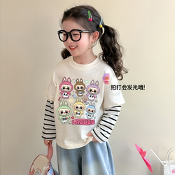 Girl Labu Beat Light Long sleeves T-shirt Spring & Fall kids Western Style Cartoon Girl Fake Two-Piece Luminous Tops