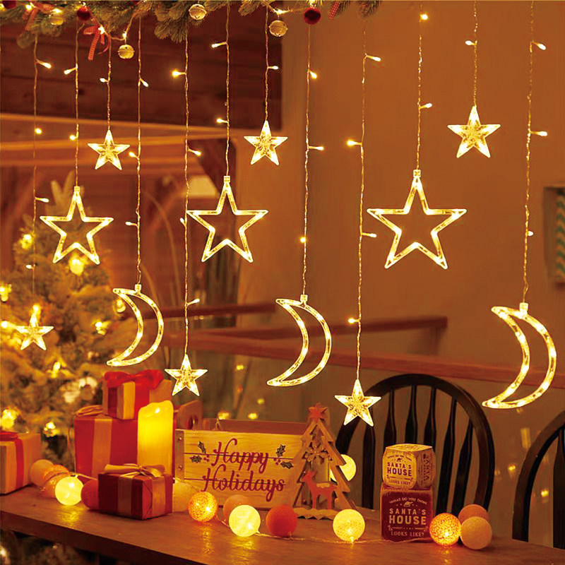 Solar-Powered Star and Moon String Lights Outdoor Lights Waterproof for Courtyard Balcony Garden Christmas Atmosphere Decoration Led Small Colorful Light Strips