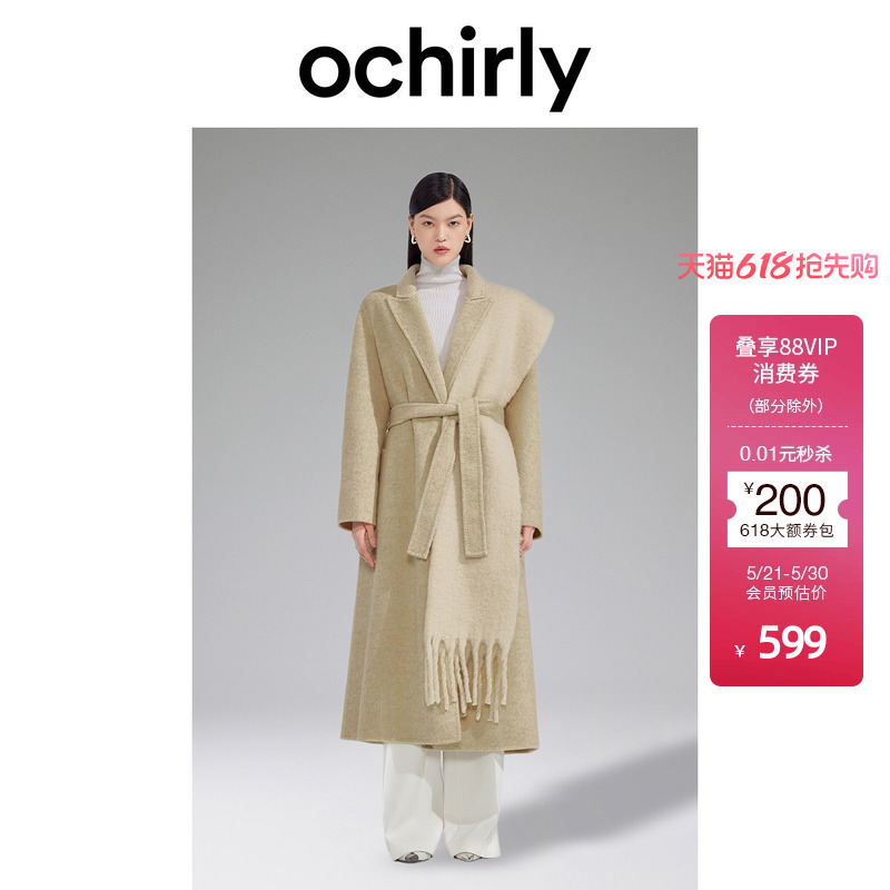 [High Luxury Coat] Oushili Wool Double-Sided Woolen Long Outwear for Women 2023 New Autumn and Winter Shawl Collar Belt
