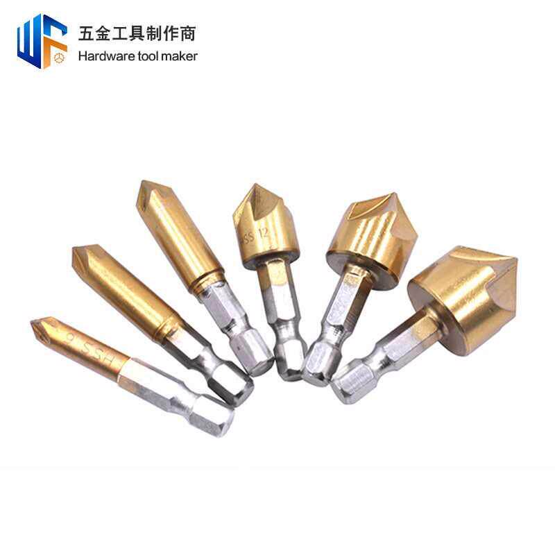 Five-edged bevelling machine hexagonal shank plated titanium 90 degrees deburring chamfered drilling machine 6-19mm woodworking chamfered knife suit