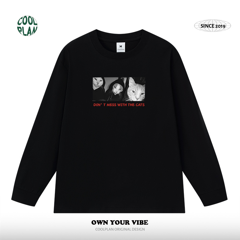 Cat's Gaze American Dark Cat Pattern Cartoon Oversize Hip-Hop Pure Cotton Round Neck Long Sleeve T-Shirt for Men and Women