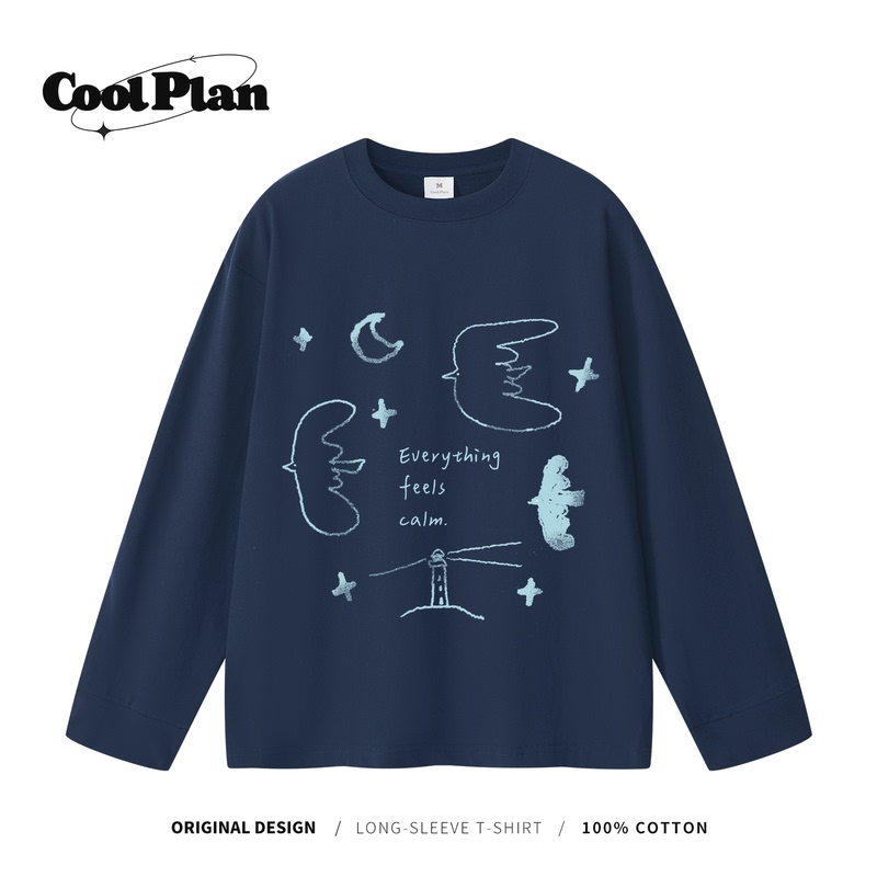 Flying Bird Lighthouse Designer Graffiti Long Sleeve T-Shirt Pure Cotton Top Autumn Simple Casual Atmosphere Unisex Style