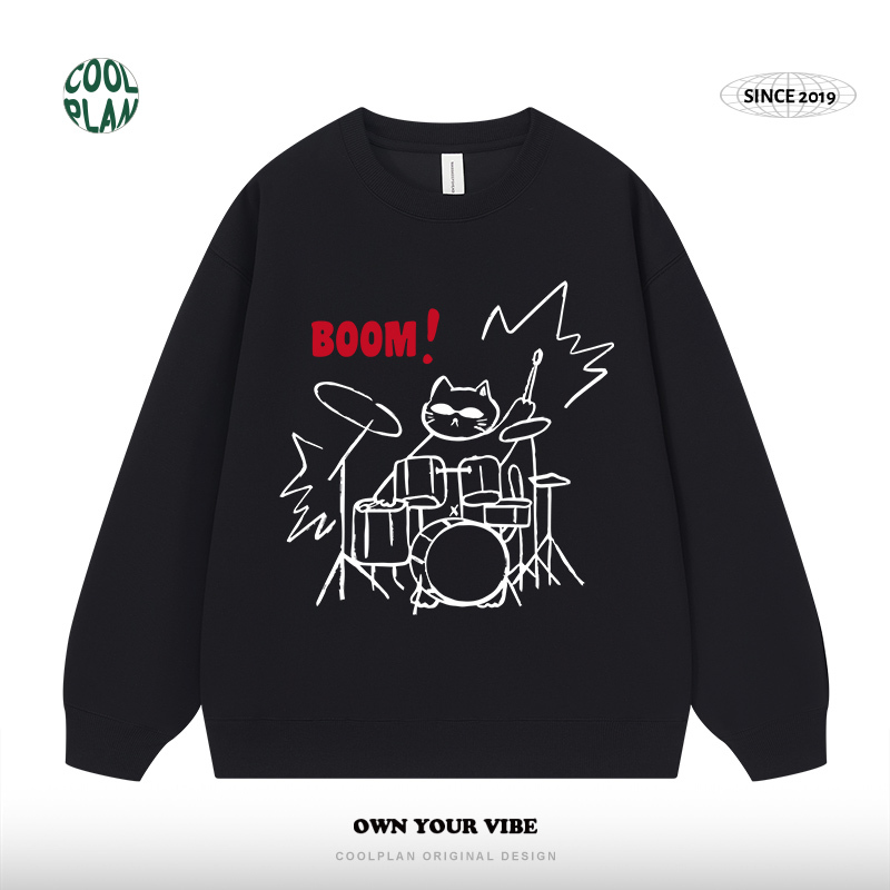 Coolplan Creative Hand-Drawn Rock Drumming Cat American-Style Crew Neck Sweatshirt Loose Fit Unisex Trendy Niche Brand