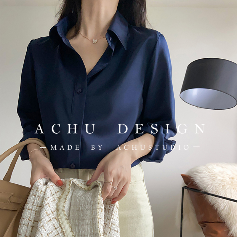 Navy Blue Satin Shirt for Women, High-End Feel, 2026 Spring and Autumn New Style, Drapey Professional Shirt, Designer Niche Top