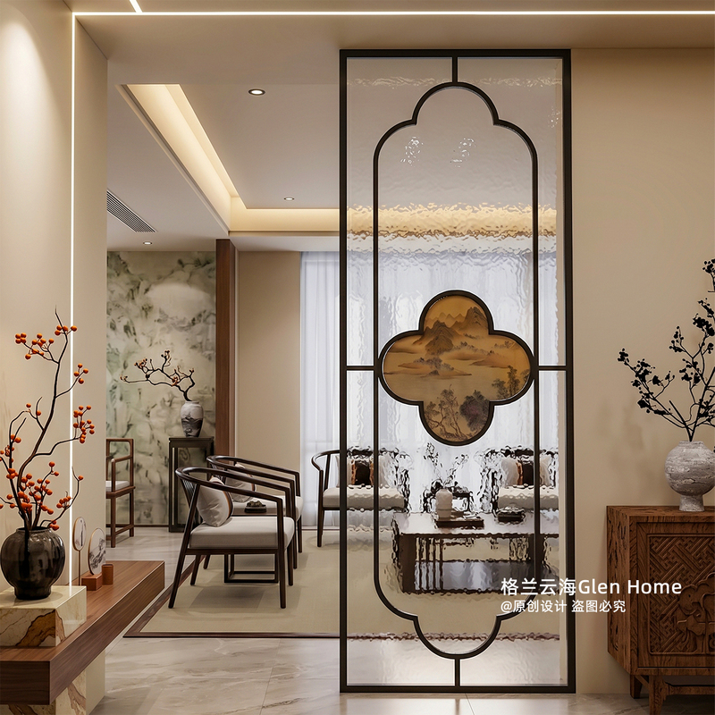 2026 New Model Song-Style Aesthetic Water Ripple Glass Partition, Vintage-Style Living Room Entrance Screen, Tea Room Grille