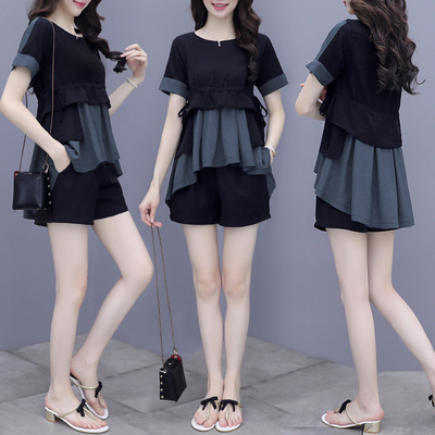 休闲时尚短裤套装女2021新款洋气宽松欧货显瘦娃娃衫气质两件套夏