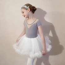 Childrens dance clothing summer short-sleeved gray girls practice clothing princess exam open file Chinese dance tutu