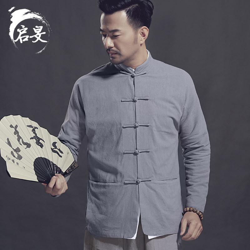 Tang loaded men's cotton linen long sleeve blouse retro disc buckle Chinese style men's Chinese wind autumn casual jacket daddy dress