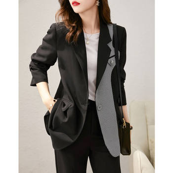 European station 2022 spring and autumn new fashionable all-match commuter temperament casual color contrast jacket stitched back split suit