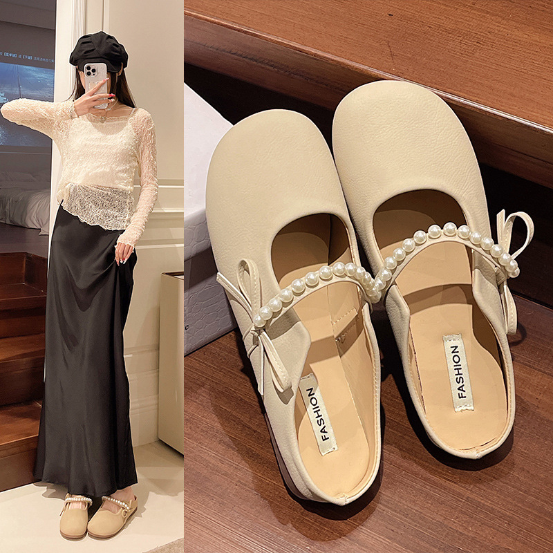 Mary Jane Sandals for Women, Summer 2026 New Style, Pearl Bow, Closed-Toe, Half-Slip, Flat-Soled, Outdoor Slip-On Sandals