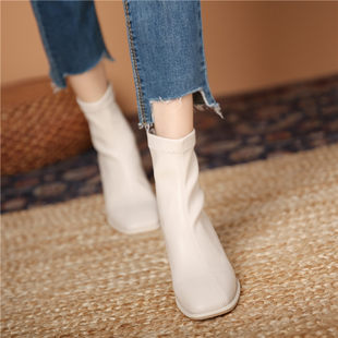 White French short boots for women 2023 new spring and autumn square toe thick high heels elastic slim boots mid-calf Martin boots