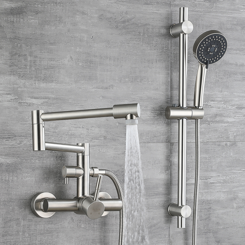 Hot and Cold Bathtub Faucet, Foldable and Extendable, Wall-Mounted Bathroom Faucet, Bathroom Shower Booster Single Showerhead Set