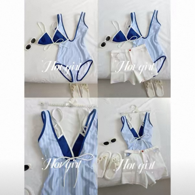【Style Party】Thai-Style Blue and White Striped One-Piece Swimsuit for Women, Slimming, Vacation Style, Sexy and Stunning Beach Swimwear