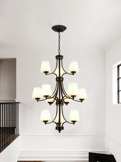 Large Chandelier in the Living Room of a Duplex House, American-Style Rotating Vintage Loft Apartment, Open-Air Three-Story Stairwell Large Chandelier
