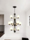 Large Chandelier in the Living Room of a Duplex House, American-Style Rotating Vintage Loft Apartment, Open-Air Three-Story Stairwell Large Chandelier