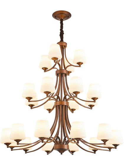 Large Chandelier in the Living Room of a Duplex House, American-Style Rotating Vintage Loft Apartment, Open-Air Three-Story Stairwell Large Chandelier