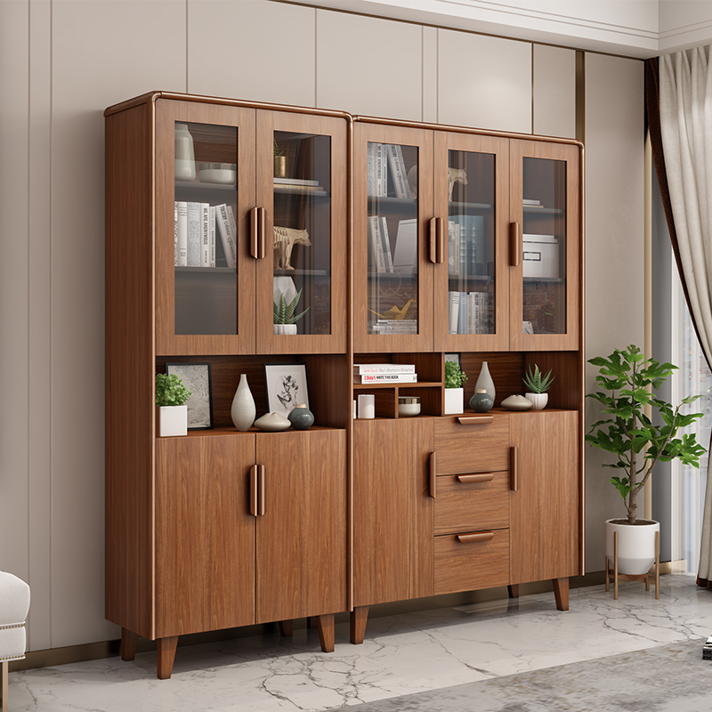 New Chinese-style bookcase simple modern solid wood frame walnut color living room study storage cabinet against the wall combination rack