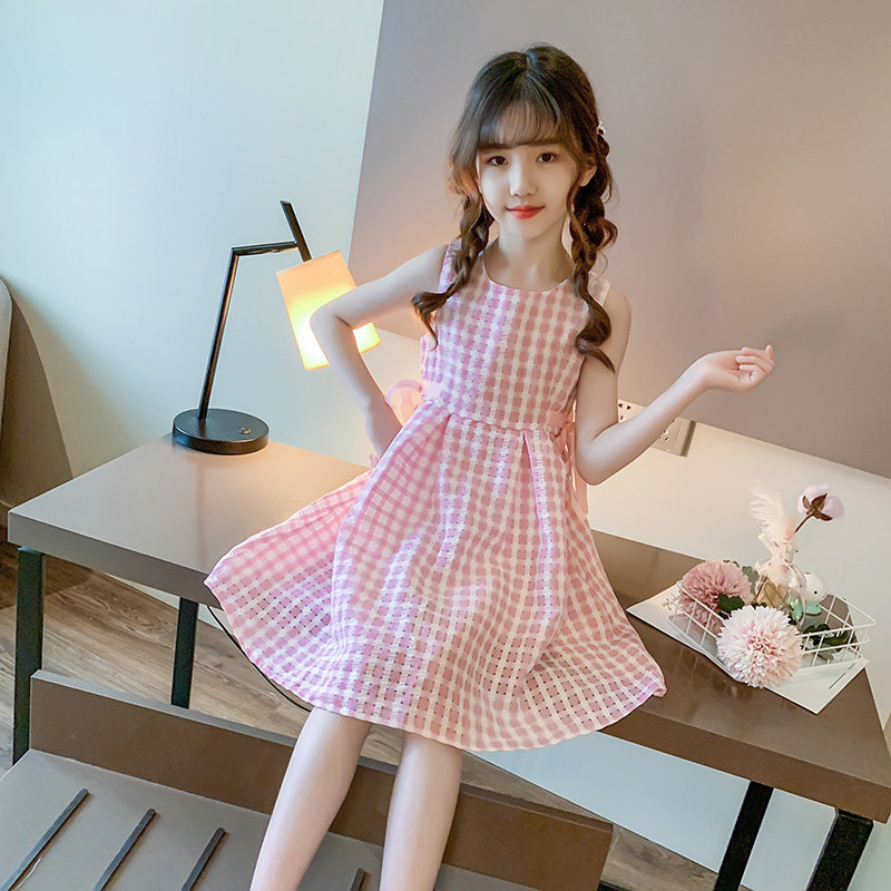 Girls dress summer dress 2022 new Korean version of the foreign style in the big child fashion little girl sleeveless plaid princess skirt