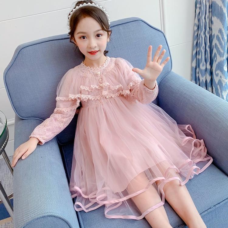 Girl Long Sleeve Foreign Dress Spring Autumn Han Version Foreign Pie 2021 New CUHK Children Princess Veil Dress Children Shawl Skirts