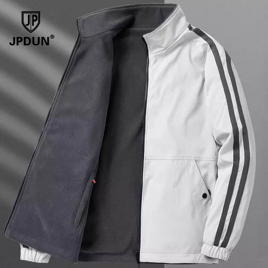 Jpdun/Reversible Jacket for Men, Autumn and Winter, Fleece-Lined, Thickened, Windproof, Stand Collar, Outdoor Sports Cotton Jacket for Men