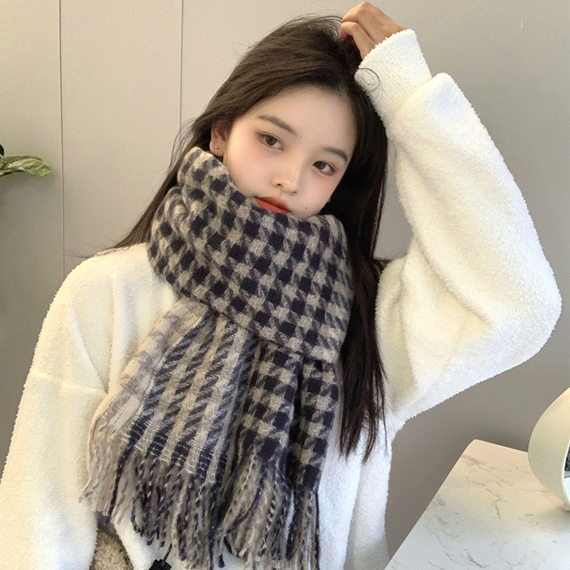 2022 new scarf women's autumn and winter students Korean style trendy imitation cashmere houndstooth plaid all-match thickened warm neck scarf - Taobao