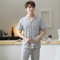 Pajamas mens summer short-sleeved trousers thin models can be worn outside home clothes leisure and loose cotton cardigan plaid suit