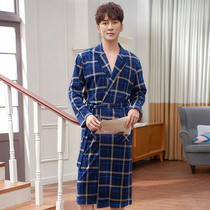 Spring and autumn robes mens personality plaid fashion bathrobe pajamas male spring cotton leisure and comfortable long sleeve home wear