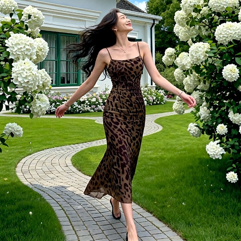 American Retro Hot Girl Leopard Print Suspender Dress for Women, New Spring Style, Elegant, Slim-Fitting, Slimming Design, Slit Long Skirt