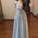 French style pure lust style hollow square neck knitted dress for women in summer with chic sweet and spicy waist-cinching A-line long skirt