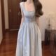 French style pure lust style hollow square neck knitted dress for women in summer with chic sweet and spicy waist-cinching A-line long skirt