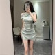 Purely Sexy Off-Shoulder Drawstring Short-Sleeved Dress for Women, Summer Design, Chic and Sexy, Slim-Fitting Hip-Hugging Short Skirt