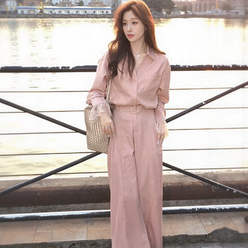 Korean-Style Lace Patchwork Long-Sleeve Shirt and High-Waisted Wide-Leg Pants Two-Piece Set for Women, 2026 Spring/Summer New Elegant Outfit